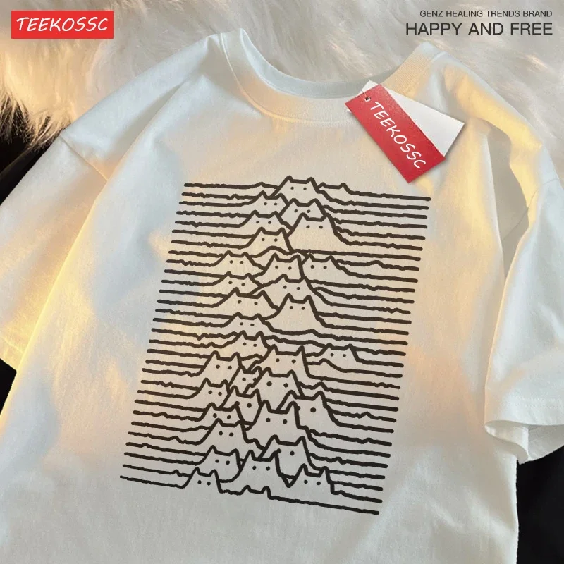 Cat Group Mountain Cartoon Cotton Trendy Trend letná cestovná hora a rieka mačka s krátkym rukávom Tričko Men ženy trendy značka