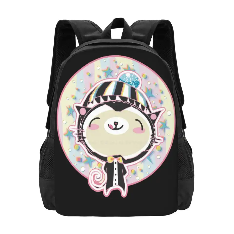 Cat in Candy Snow Hot Sale Schoolbag batohové módne tašky Cat mačiatko roztomilé sladké cukrovinky sneh čierne dúhové pruhy