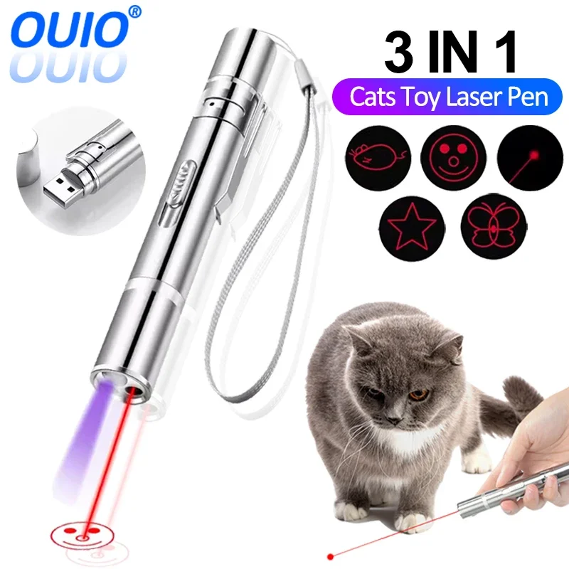 Cat Laser Toy Pen USB nabíjanie LED svetlo ukazovateľ nabíjateľný pochodeň UV baterka pera 5 vzorov laserová palica hračky pre mačky