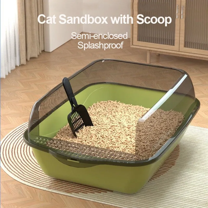 Cat Litter Box Zusgúnuná mačka s pieskovňou s lopatkou s polootvoreným splash odolnými podnosovými pet toaleta čistiaceho čistiaceho prostriedku Bedpan príslušenstvo