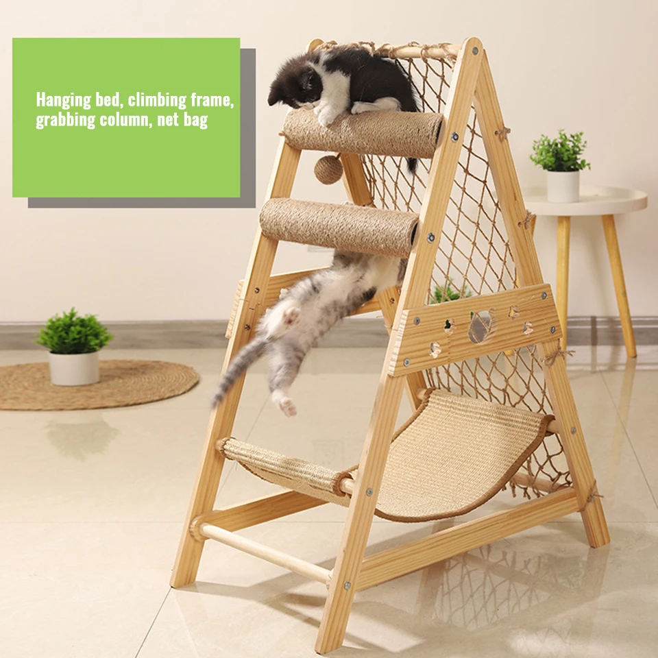 Cat Tree Moderná mačka veža masívna drevená mačka strom s hojdacou poškriabaním po lezení Web zavesenie sisal guľa pre malý priestor