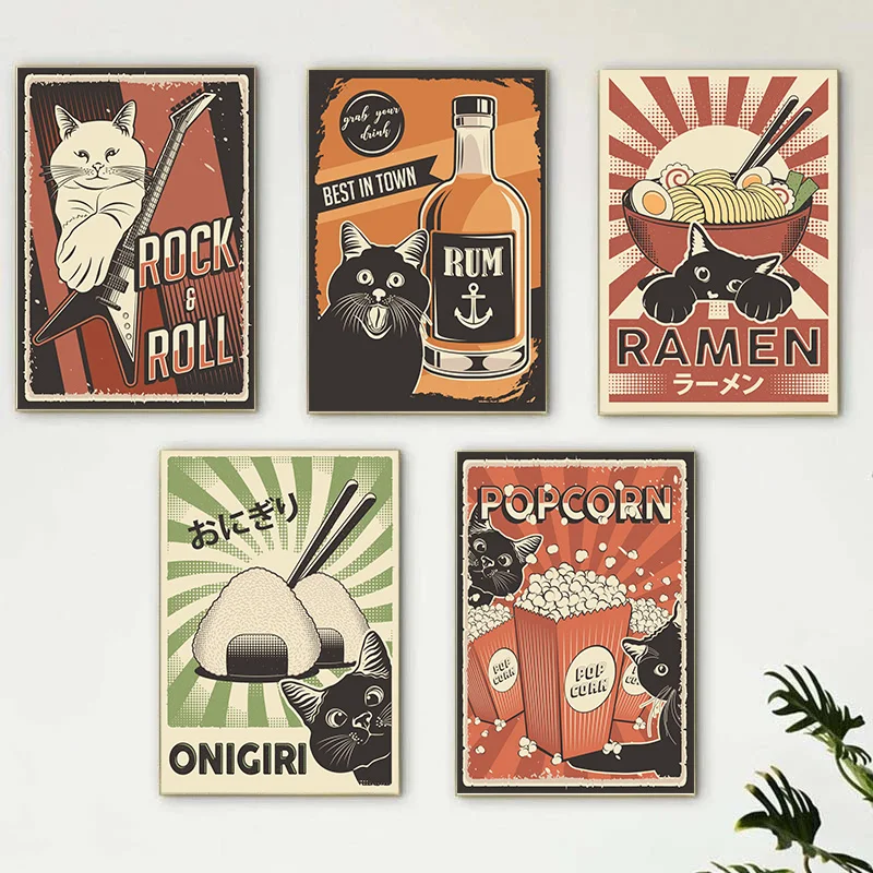 Cat Vintage Cat Popcorn Cocktail Fun Cat Canvas Tlač Vintage plagát nástenná maľba maľba pre dom