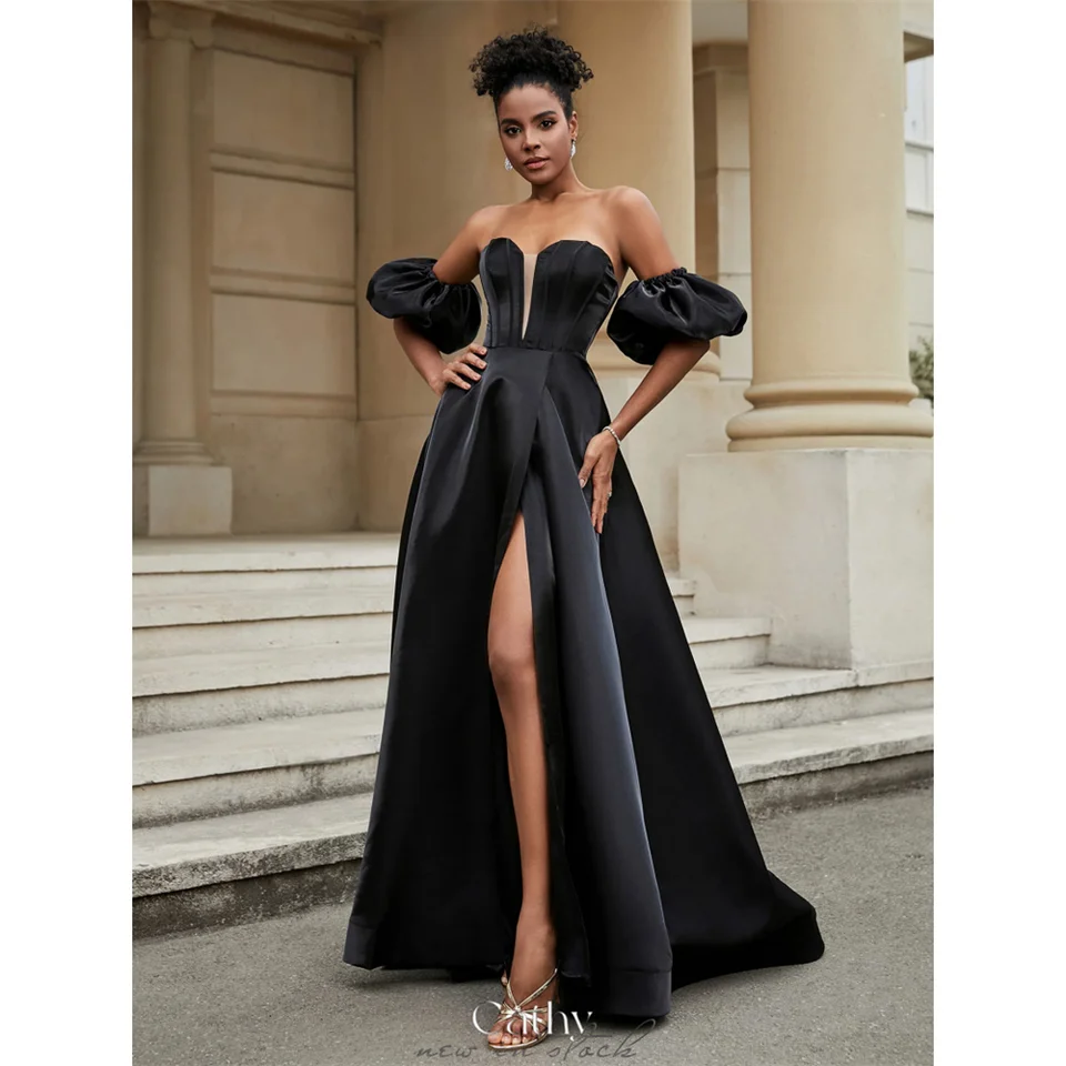 Cathy Black Off Ramery Routhable Puffy Ruckves Svadobné šaty V krk Vestidos de noiva A-line s rozdelenou prispôsobenou formou