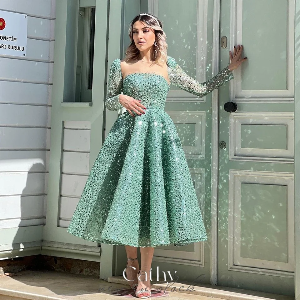 Cathy Green A-Line Prom sa oblieka elegantné trblietky s dlhými rukávmi فساتين السه Va zadkujjácijšto flitre Vestidos de Noche 2024