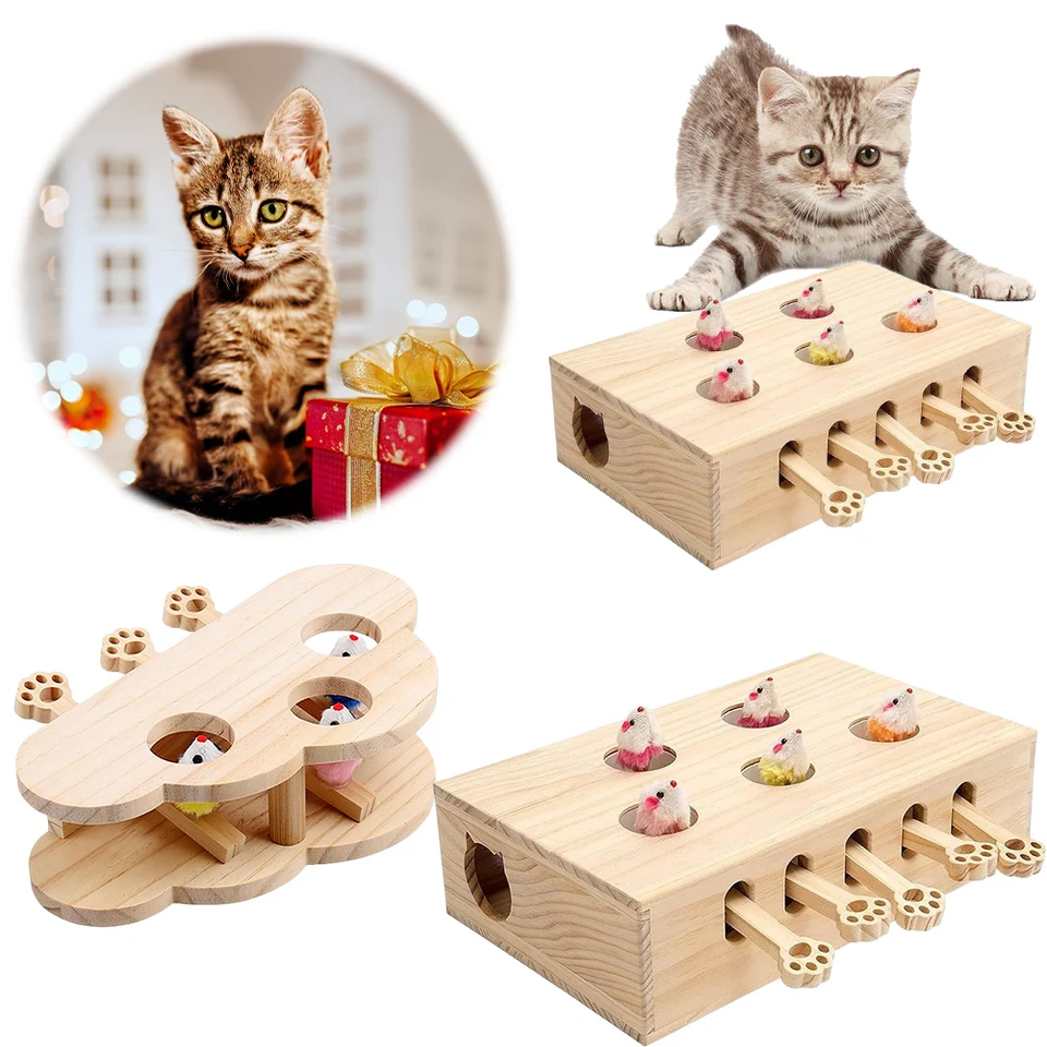 CATS WHACK MOLE Game CAT Pop-UP HOOKY 3/5-diery masívne drevo s mačkou Hračka interaktívna drevená poľovnícka hračka pre vnútorné mačky