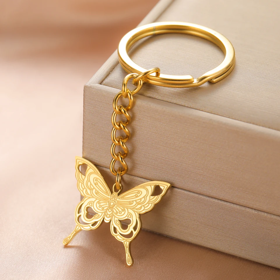 Cazador Animal Estetic Butterfly Keychain z nehrdzavejúcej ocele Zlato farebný automobil pre ženy