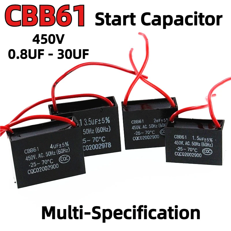 CBB61 450V Štart kondenzátora 0,8 1 1,2 1,5 2 2,5 3 4 5 6 7 8 10 12 14 15 16 18 20 25 25 30UF Stropný výfukový motor