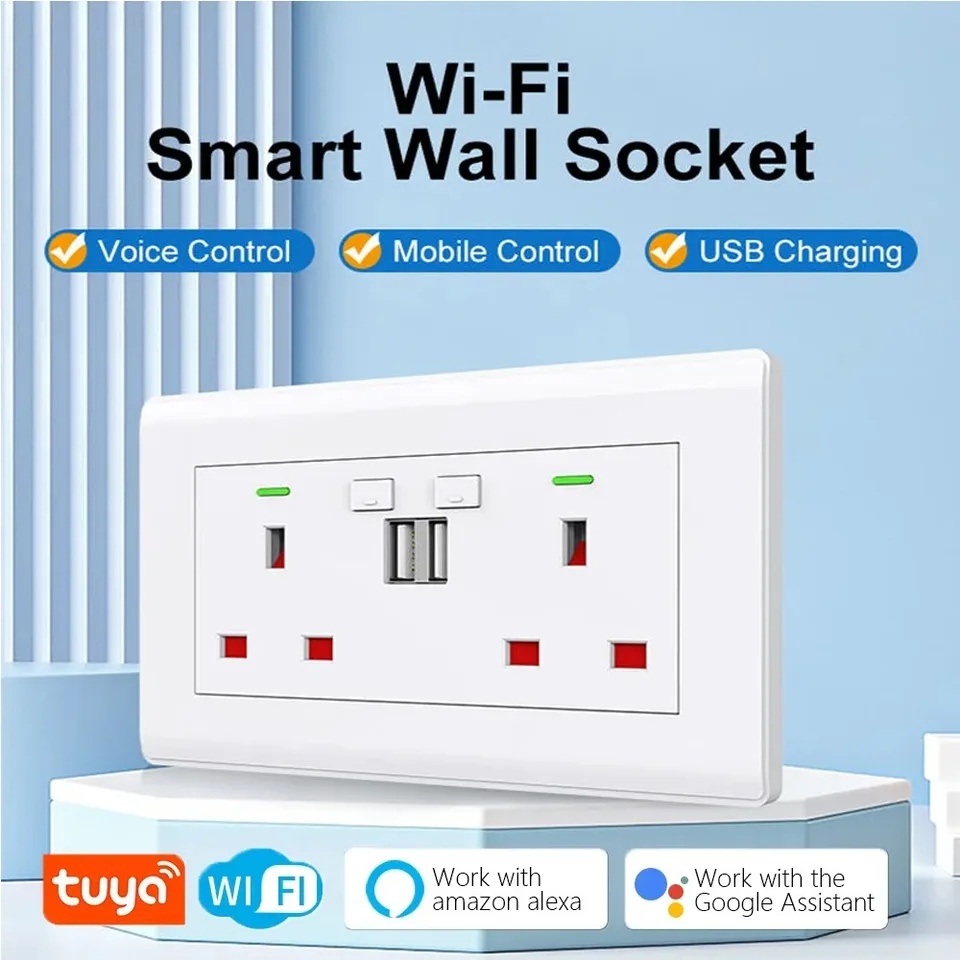 CBE UK Tuya wifi inteligentná stena Socket Double USB Ports Charger 13A Fyzické klávesy pracujte s Alexa Google Home Hlas Control