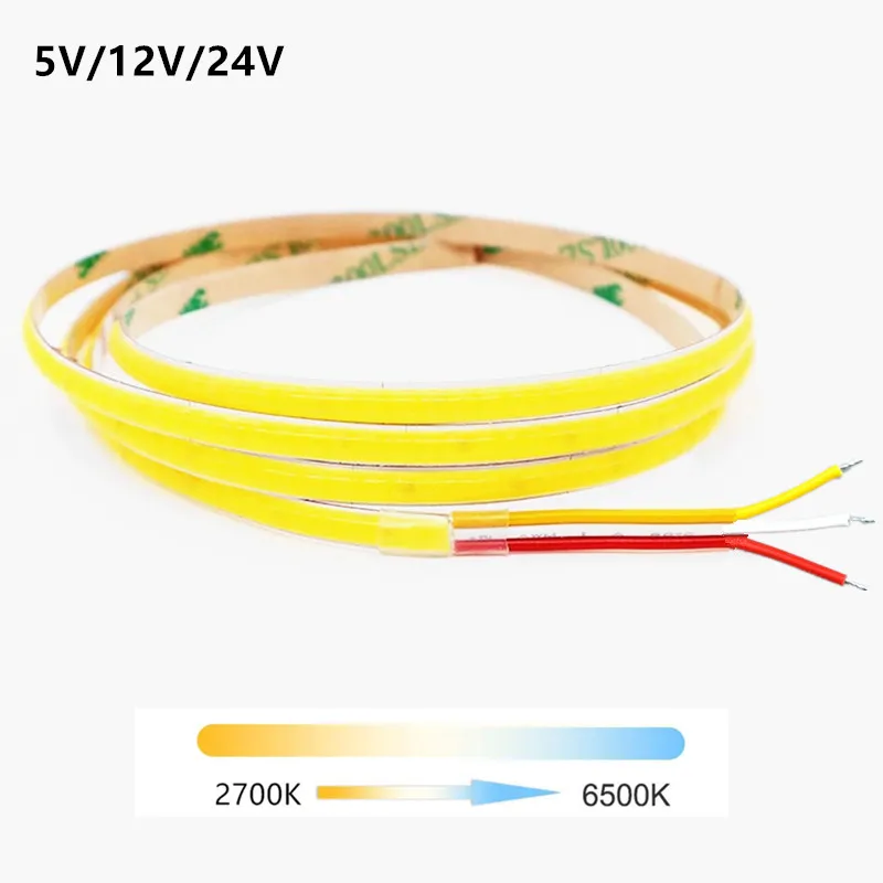 CCT COB LED pásové svetlo 2700k až 6500K 5V 12V 24 V Dvojitá farba Duálna teplota Domácateľná nastaviteľná farba 5 mm šírka Ultratin