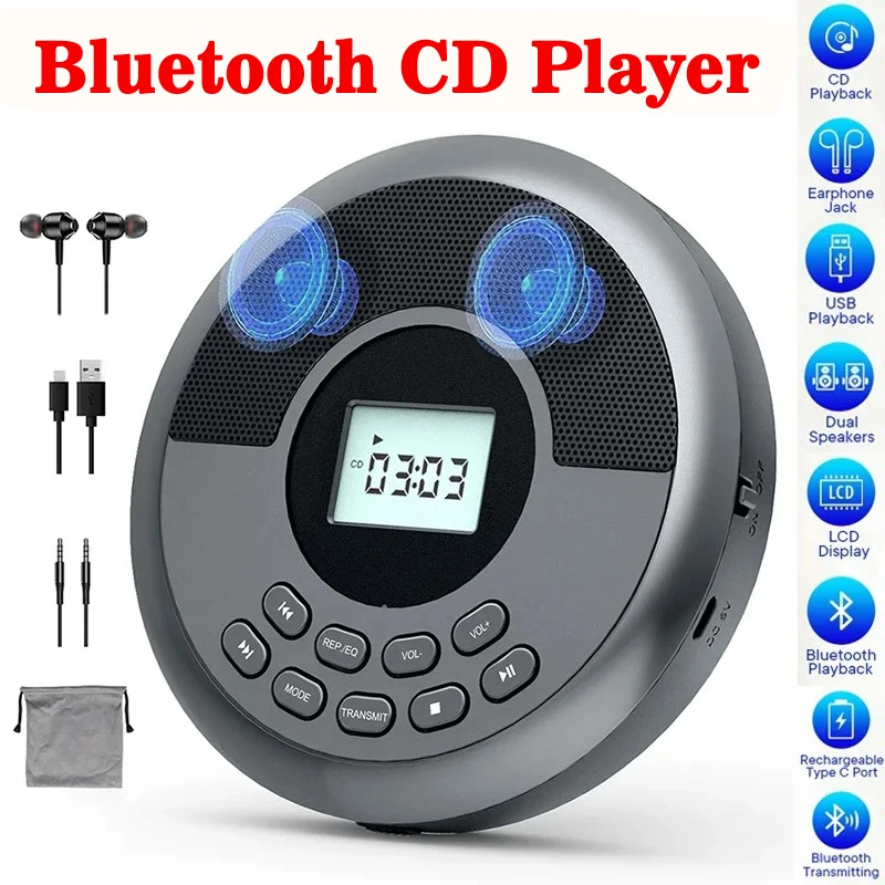 CD prehrávač Bluetooth s reproduktormi stereofónny a slúchadlá Nabíjateľné Discman Walkman USB mp3 hudba U Disk Album Player