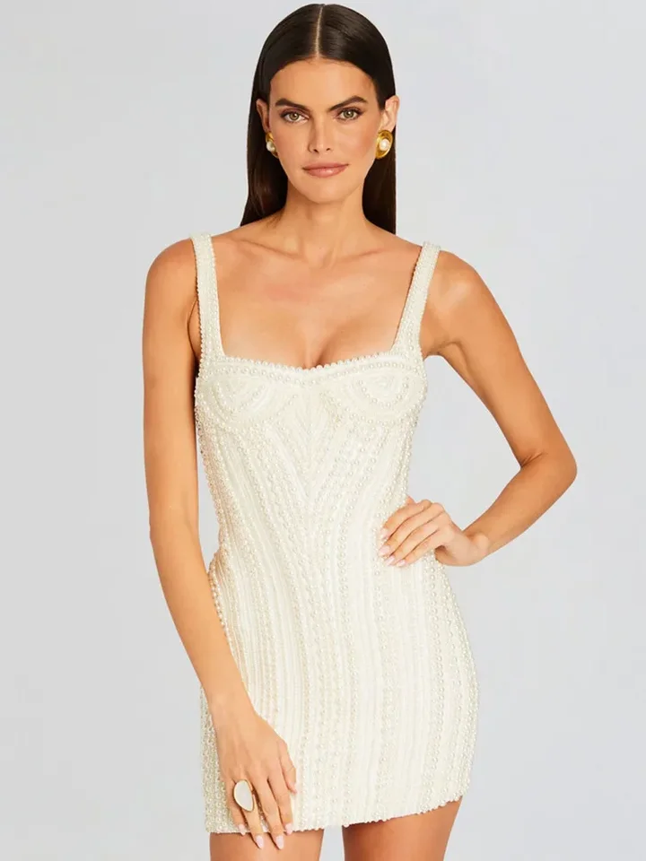 Celebrity leto sexy bez rukávov perla s bielym bielym mini bodycon šaty narodeninové šaty pre ženy večerné šaty plesové plesové šaty
