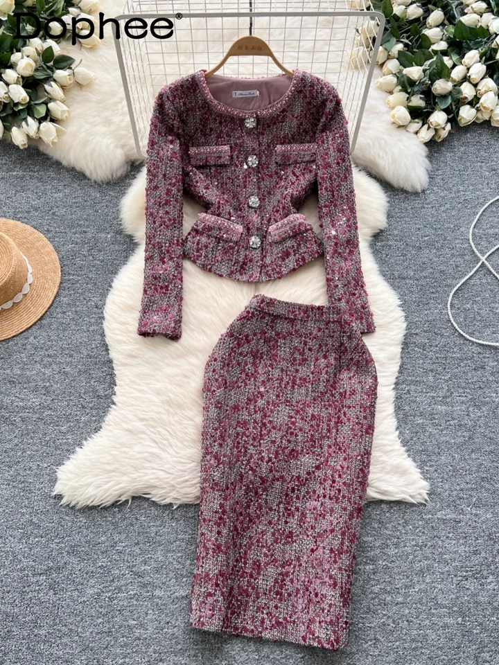 Celebrity Style Autumn Clothes Dvojdielne súpravy Dámske oblečenie špičkového okrúhleho krku Flifrovanú bundu a štíhle sukňu