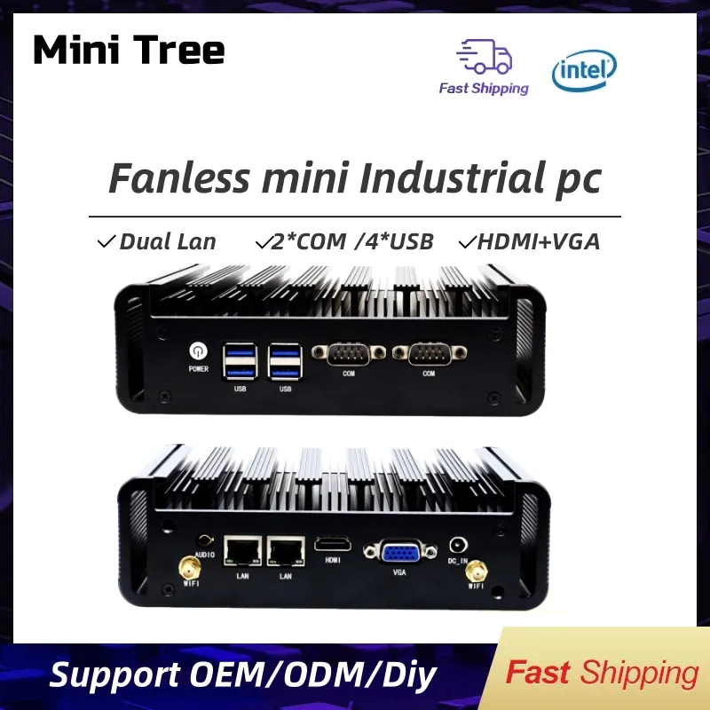 Celeron J6412 Priemyselný stupeň Fanless Mini PC pre triple displej Výstupy Intel N100 Compakt Mini Computer Box dual Lan