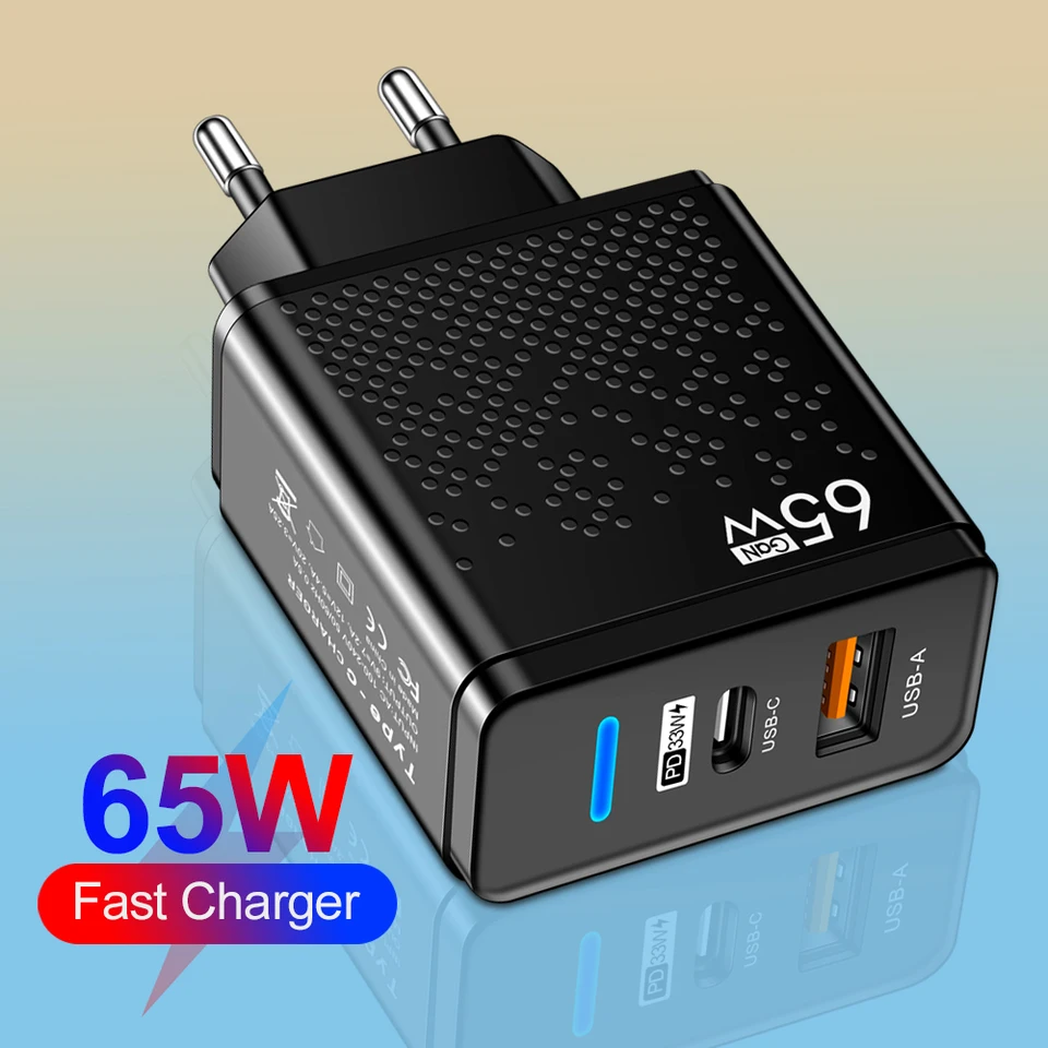 Celkom 65 W USB Gan Charger 2 Ports Rýchle nabíjanie QC3.0 Charger Adapter pre iPhone15 Xiaomi Huawei Samsung Rýchle nabíjačku nabíjania