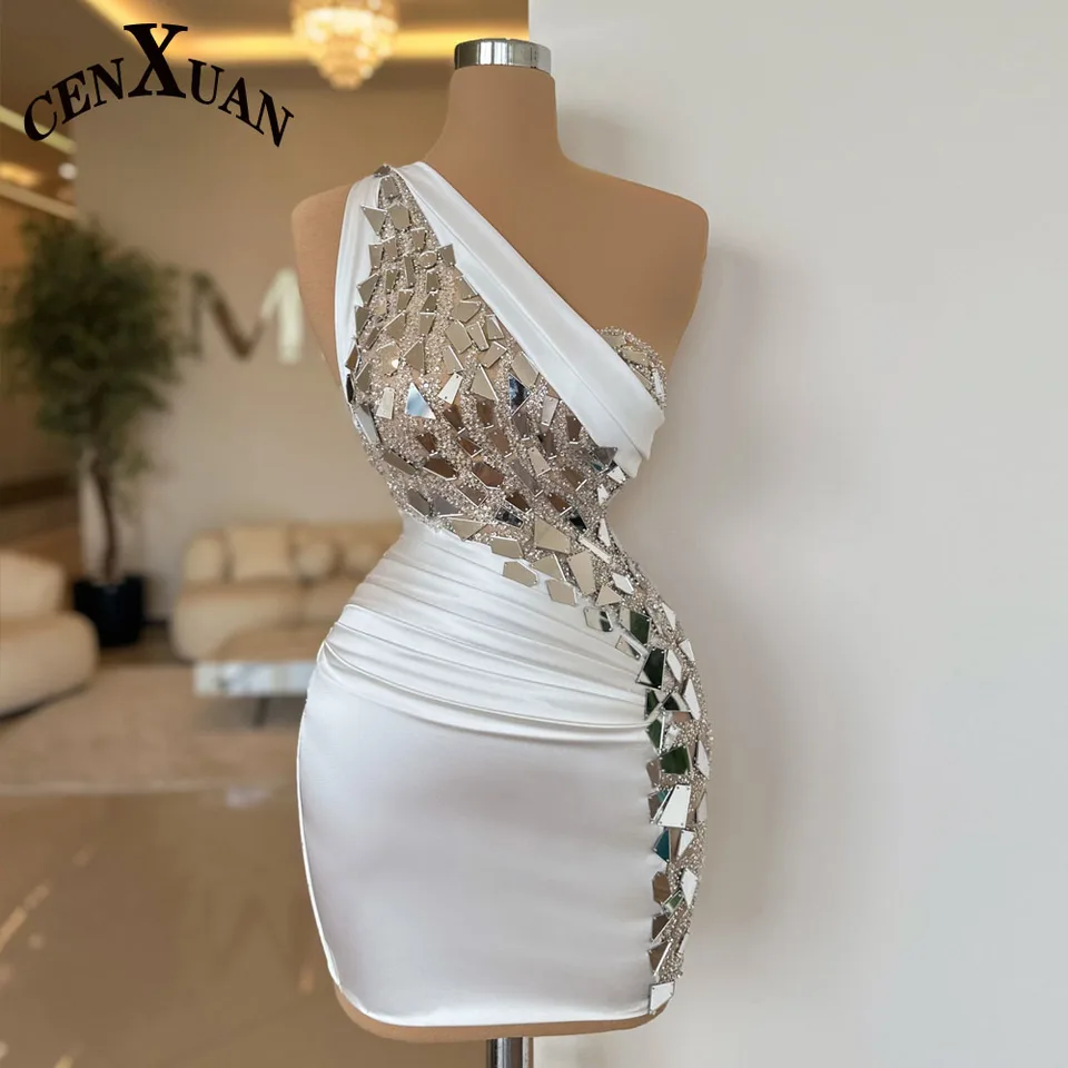 Cenxuan Glitter Homecoming Šaty pre ženy jedno ramenné kryštály morská panna kokteilové obliekania Vestido de noche prispôsobené