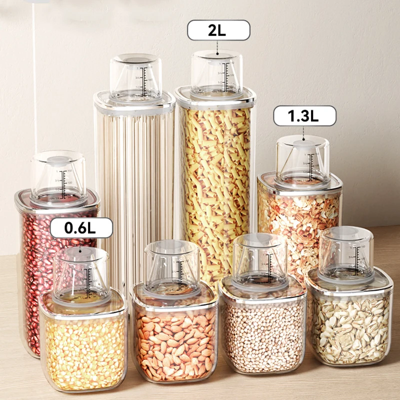 Cereal Storage Utesnená nádoba, 0,6/1,3/2L suchých potravinových nádob s odmerkou pre orechy pre fazule Cesta Snacks Candies, BPA Free, 1PC