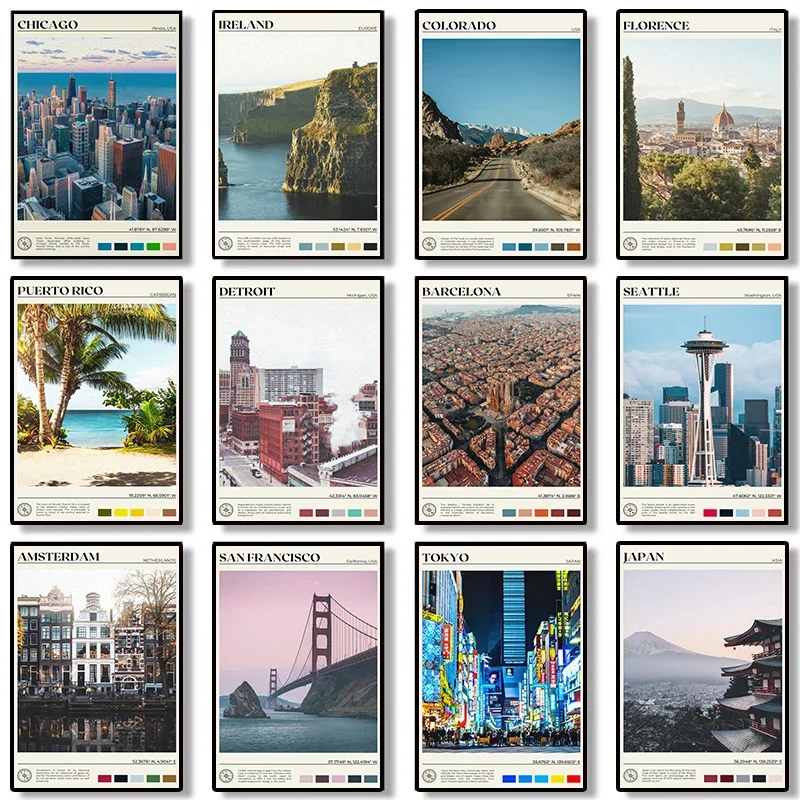 Cestovanie retro 80. rokov súradnice Úvod mesto Chicago Nordic plagát pre izbu obývacie plátno maľba maľba domáca stena dekorácie