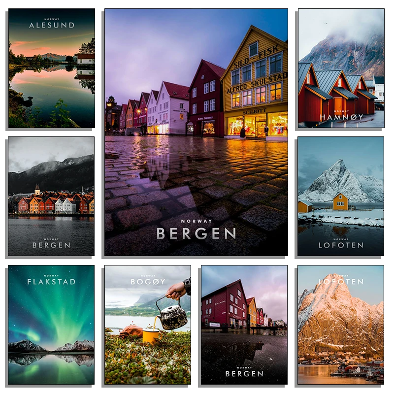 Cestovné mesto Nórsko Art Canvas Painting Print Plagát Aurora Mountain Wall Moderný HD Obrázok pre obývaciu izbu Domáca dekor bezrámový