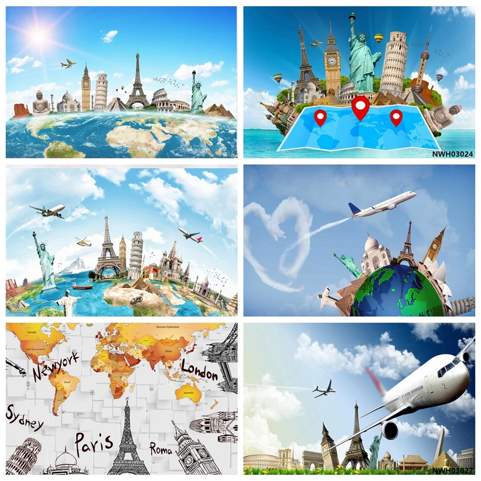 Cestovné narodeniny na pozadí sveta pamiatka Big Ben Paris Earth Tower Photo Studio Custom Photography Lietadlo pozadie rekvizity