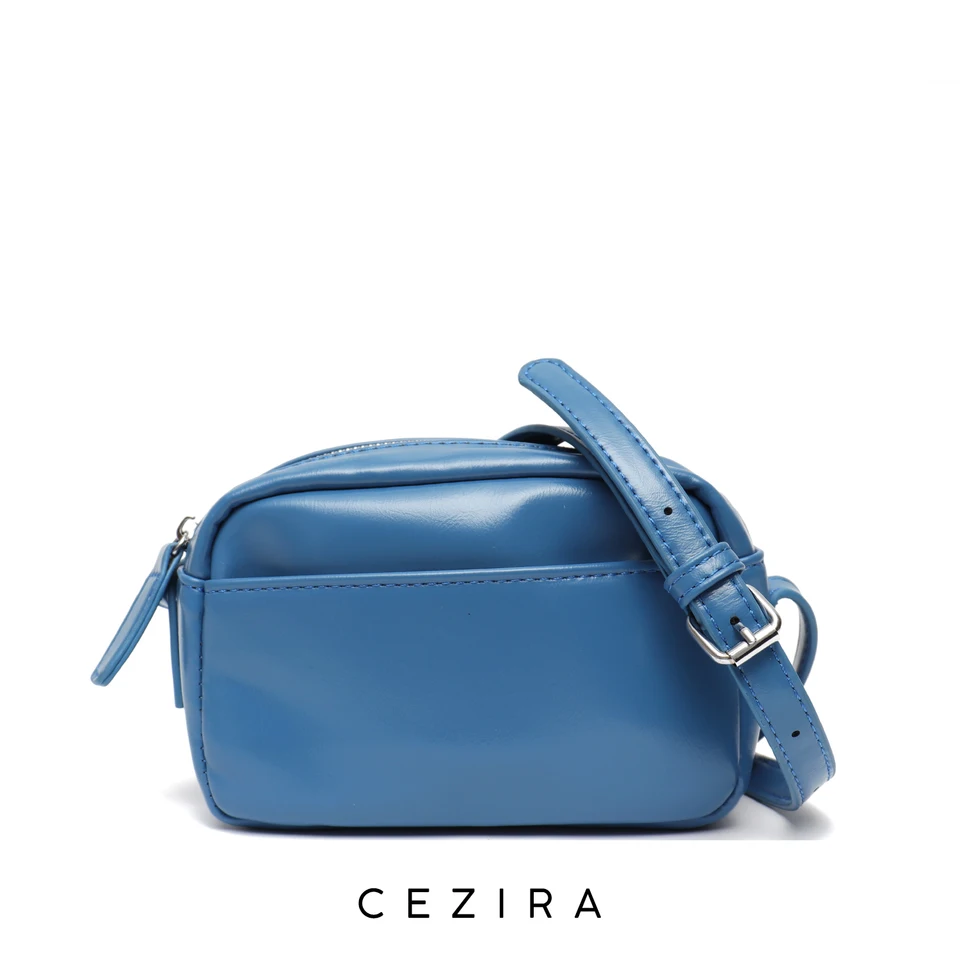 Cezira Mini Square Lesklá kožená koža roztomilá pračie vrecko pre dámy Malé jasne farebné telefónne kabelka Crossbody dlhé remienok Blue kabelky