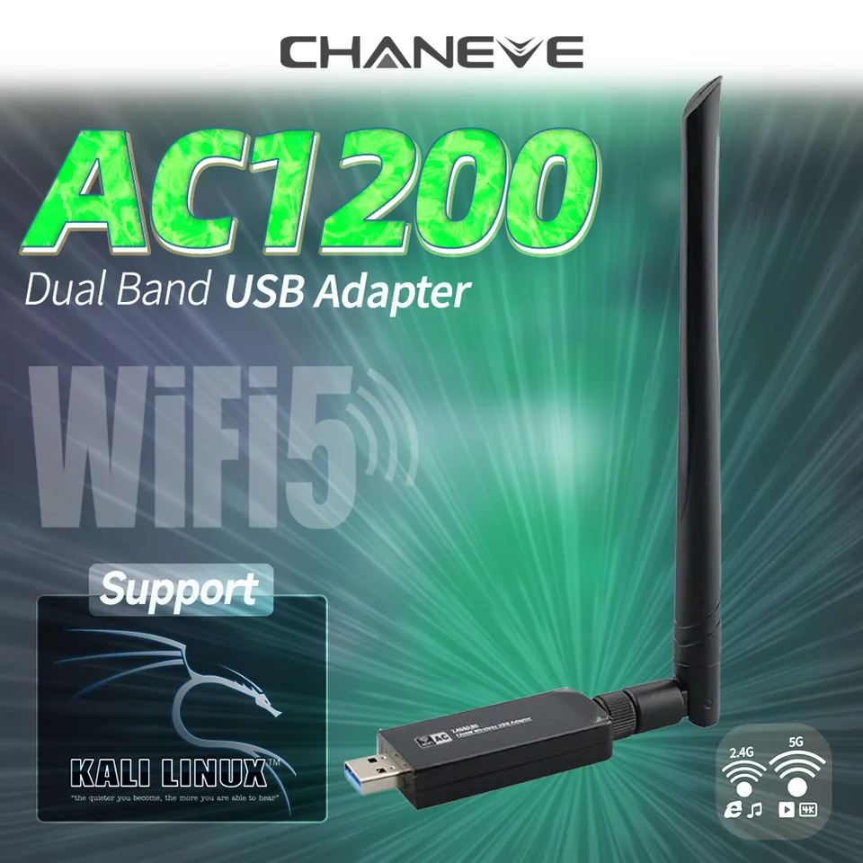 Chaneve RTL8812AU Chipset 5GHZ 1200 Mbps WiFi Adapter USB 3.0 Wireless Card + 5DBI Anténa pre Windows 7/8/10/Kali Linux