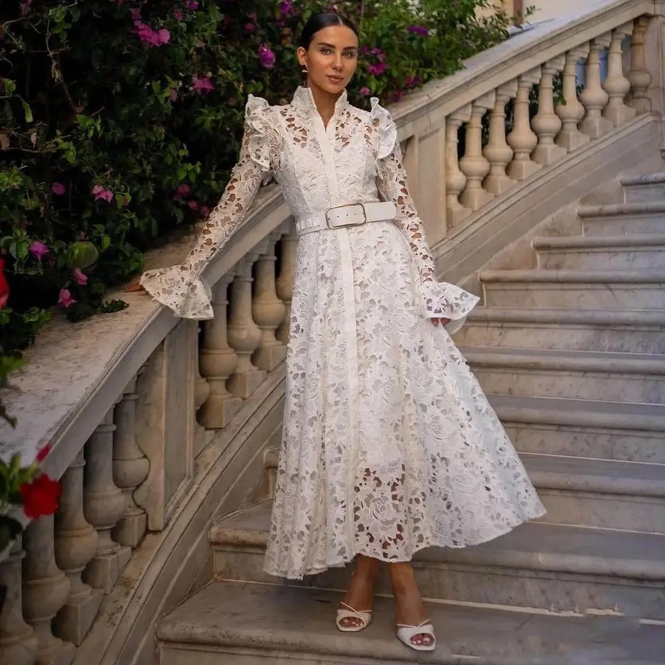 Chaney Designer Stylish Stand Golier Flar Rukáv midi dutiny out -out, čipky elegantné večierok nočné nočné Vestidos vintage rúcho