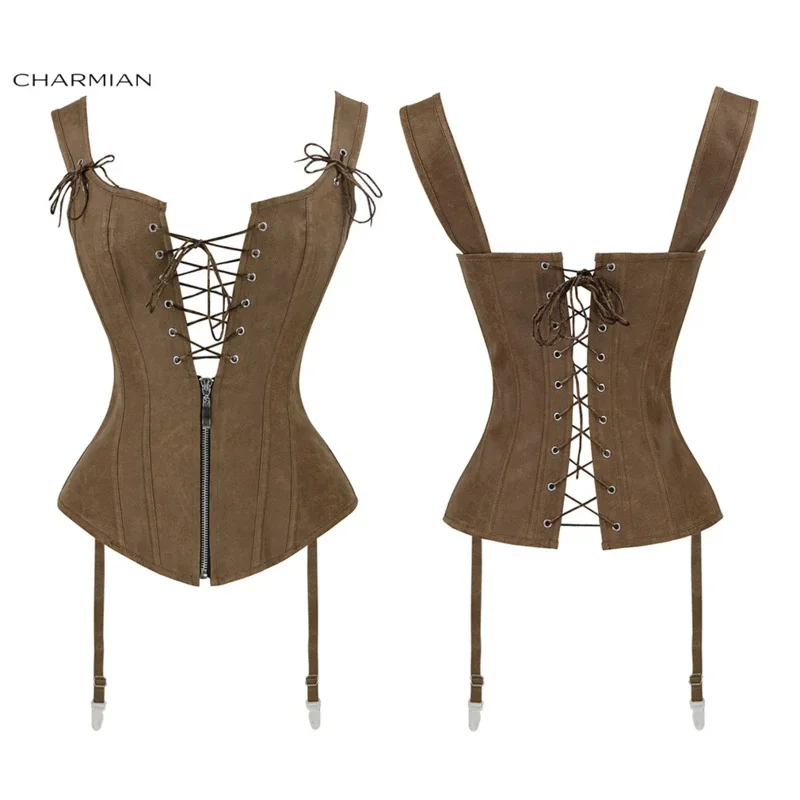 Charmian Women Renaissance korzet Sexy vintage plus veľkosť kože zips hnedý korzet bustier top s podväzkami parnýpunk odev