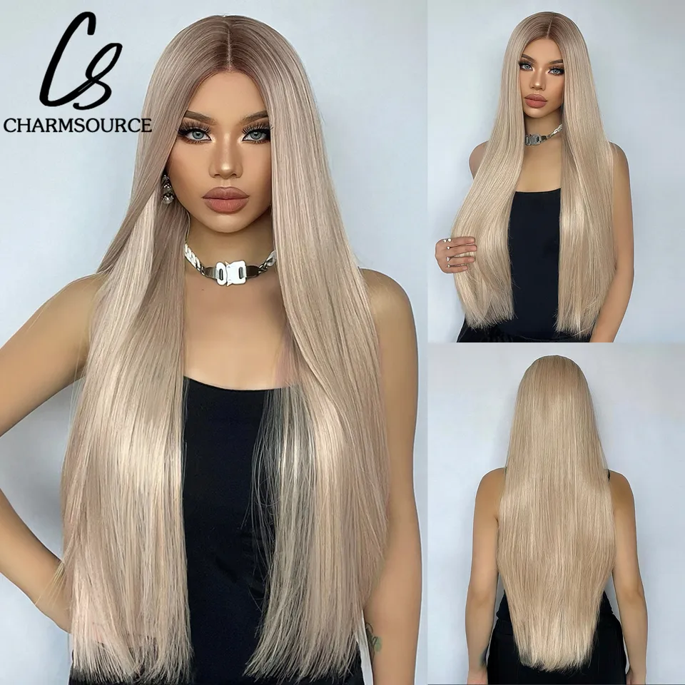 Charmsource super dlhá čipka predná parochňa Priame blond parochne s tmavým koreňom pre ženy denná večierok Cosplay Svadba vysoká hustota