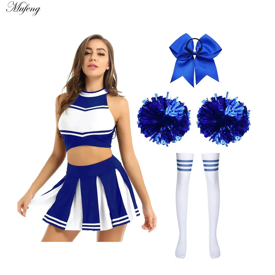 Cheer Leader kostýmy školák tanečný outfit Ženy roztlieskava jednotná plodina top + skladaná sukňa pompom ponožky Performance