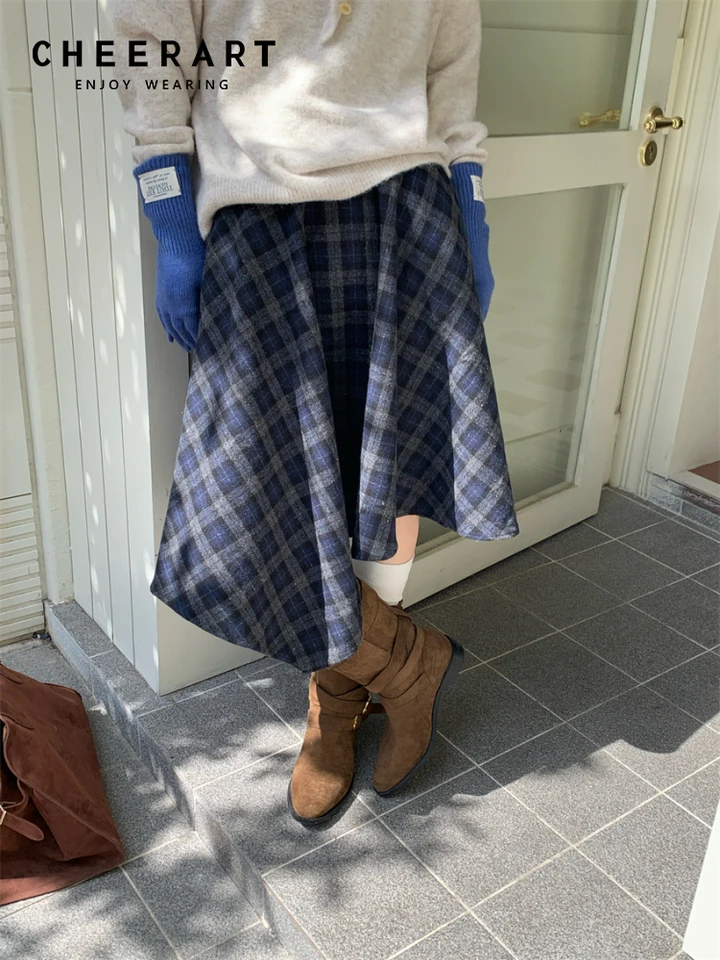 Cheerart dizajn Plaid Asymetrical sukňa Ženy modrá a line kolena dĺžka sukňa zimné oblečenie shoujo dievčenský štýl