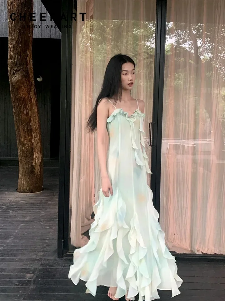 Cheerart Mint Green Lumfles dlhé maxi dovolenkové šaty 2024 Ženy letná pláž tunika sviatočné šaty s loptičkami šaty oblečenie