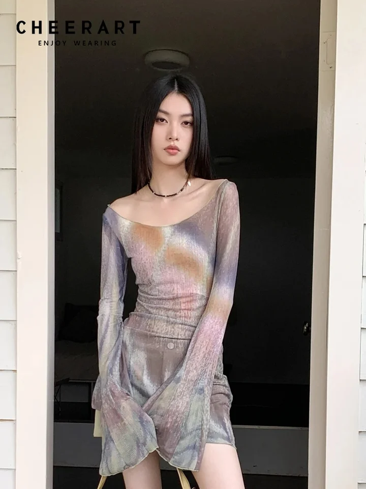 Cheerart motýľ peľový peľ s dlhým rukávom tričká Fall Clothes 2024 Ženy Flare Ruckve plech