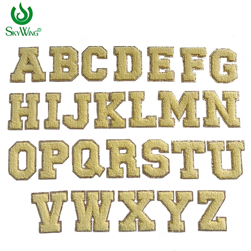 Chenille vyšívaná abeceda pre uterák pre domácich majstrov, Gold Glitter Letter, žltá farba, samolepiace škvrny, veľkoobchod
