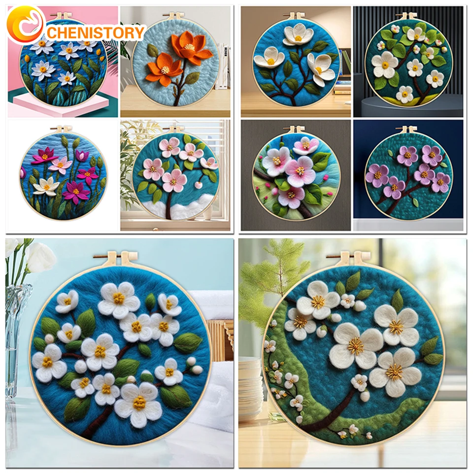Chenistory 20x20cm Rám s DIY Wool Felting Painting Kit vyšívanie Krásne kvetinové ihly ručne vyrábané vlnené maľby darček