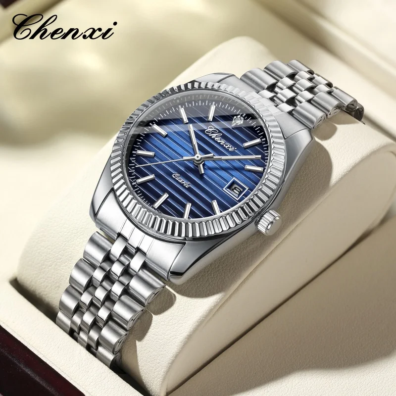Chenxi 004d Fashion Quartz Watches for Men Calendar Luminous Nerezová vodotesná neformálne hodiny Elegantné mužské náramkové hodinky