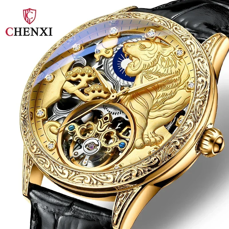 Chenxi 6029h Mechanické módne pánske hodinky Top značky Luxusné Montre Homme Golden Tiger Clock Automatické hodinky kostry