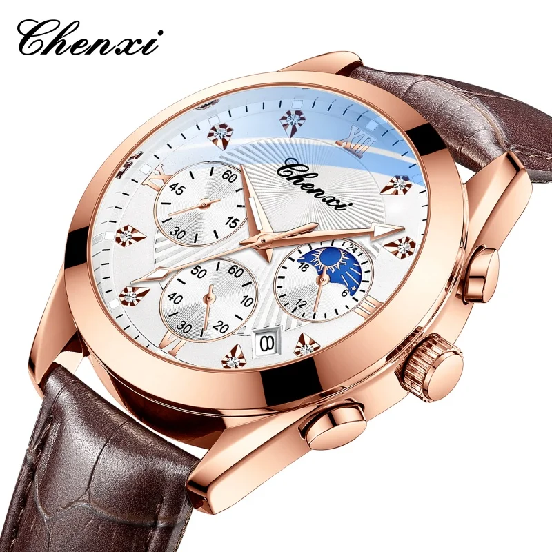 Chenxi 903 Pánske kremenné hodinky kožené popruhy vodotesný svetelný kalendár Mesiac Fáza Muž Business Casual Watch