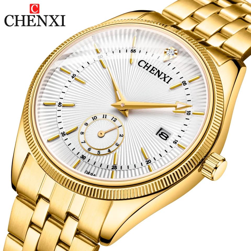 Chenxi Fashion Pár Zlaté hodinky Príležitostné muži a ženy Quartz hodinky z nehrdzavejúcej ocele Svetlý kalendár Witerproof Wristwatch