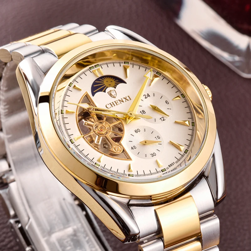 Chenxi Mechanical Watch Fashion Luxury Tourbillon Moon Phase Watches Men Strieborná zlatá oceľ Automatické mechanické náramkové hodinky