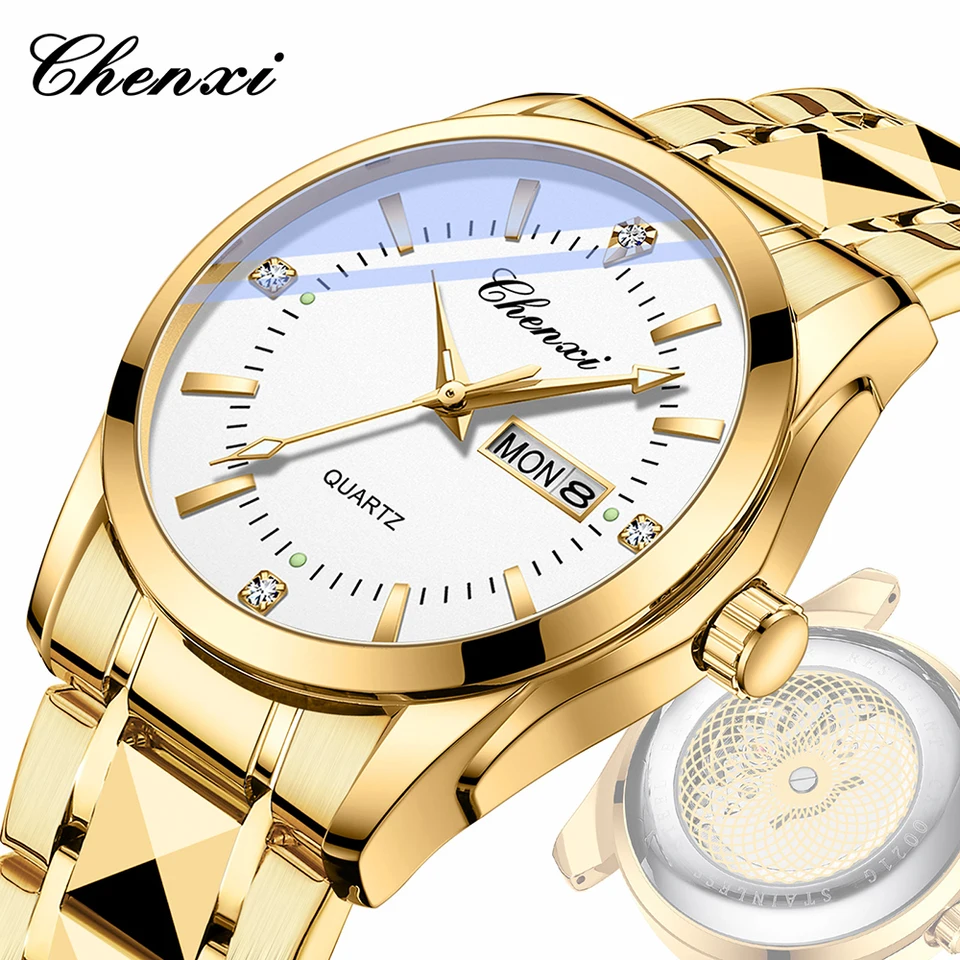 Chenxi Men Gold Watch Brand Luxury Quartz Movement Dátum týždňa náramkových hodiniek Mechanická kostra vzhľad obchodné hodinky pre mužov