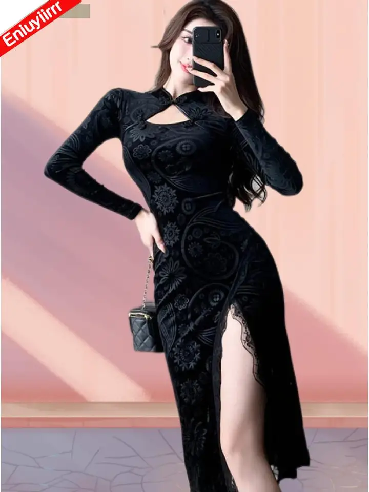 Cheongsam Design Ceruzky šaty nové horúce 2023 Ženy sexy dáma Body Nový rok vianočný večierok Elegantné dlhé čierne čipky šaty