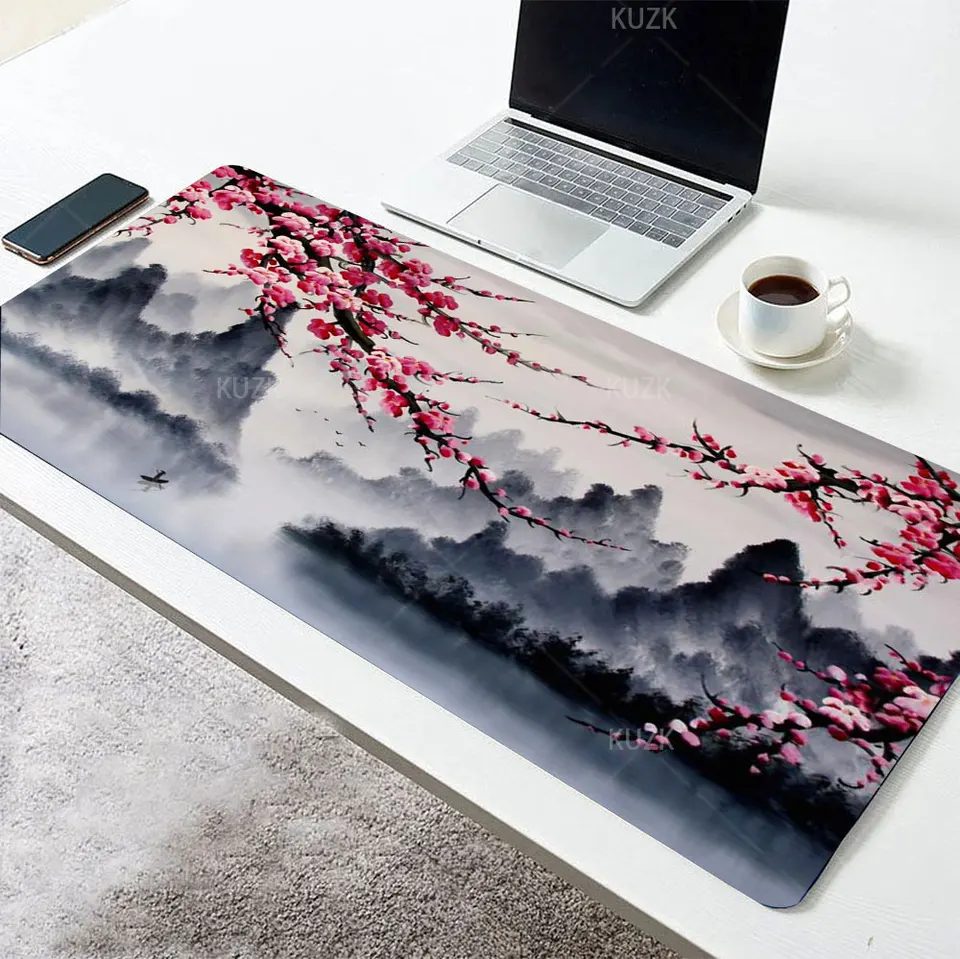 Cherry Blossom Gaming Mouse Pad, Sakura Watercolor Painting natiahnutá podložka myši, nekĺzavá gumová základňa podložka myši myši myš na myš