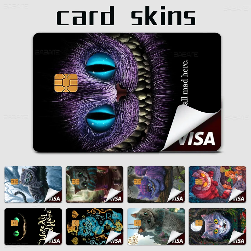 Cheshire Cat Alice v ríši divov Anime Young Creidt Card DEBITOVÁ KARTA STRÁNKA Filmová puzdro Predná páska pre malý veľký čip bez čipu