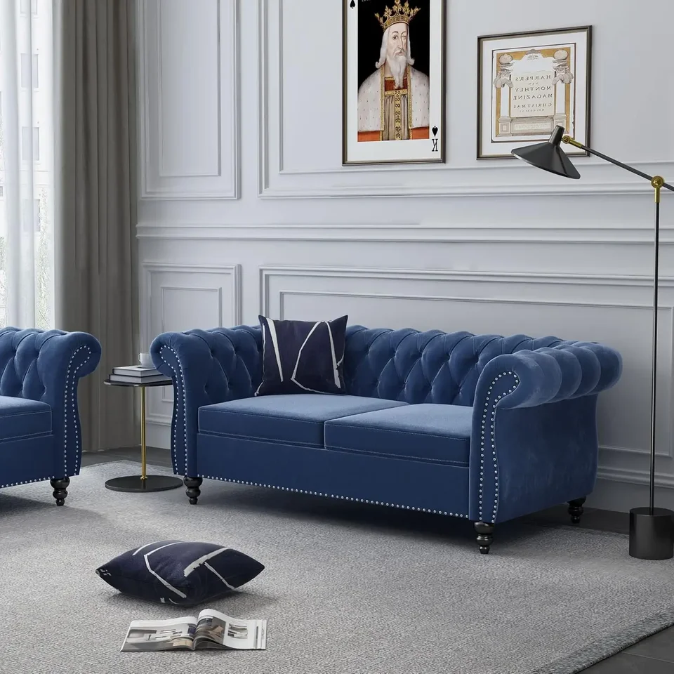 Chesterfield Lovesat Modern Velvet Couch čalúnená pohovka s všívaným chrbtom pre nábytok obývacej izby (modrá)