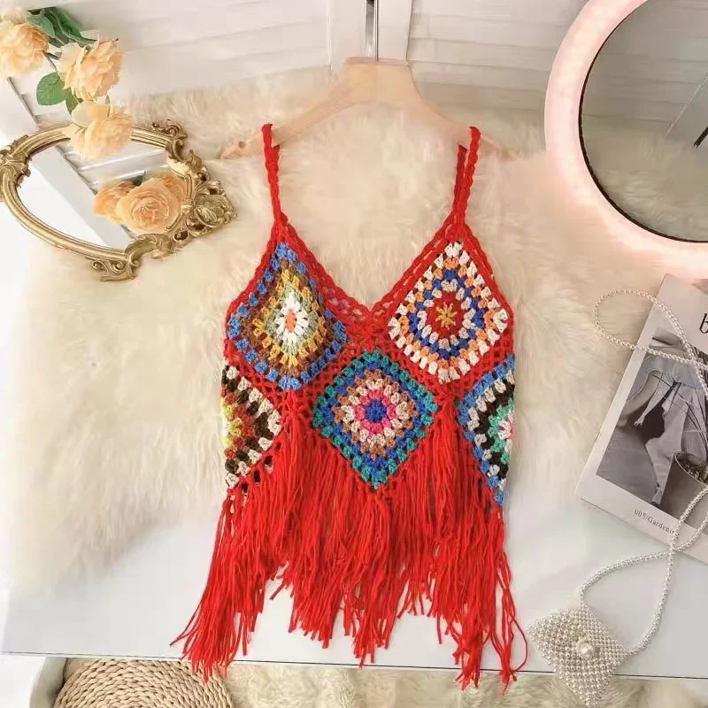 Chic Asymetrical Pleted Tassel Tanks a Camis Bohemia Sexy Sexy Off Rameno Bustier 2022 letné dámske oblečenie náhodný farebný blok