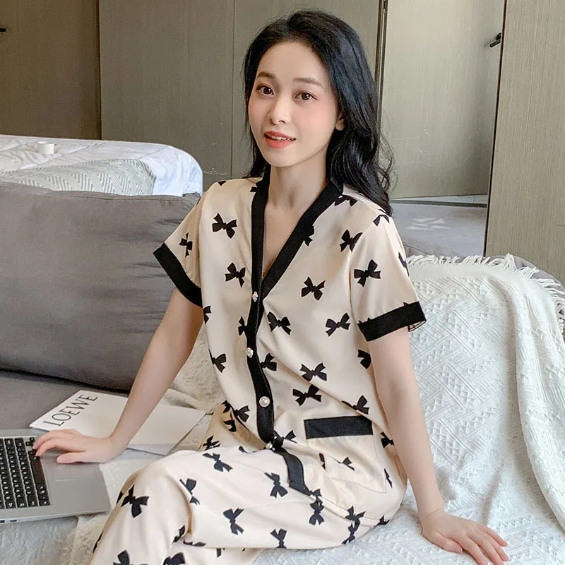 Chic Bow Print Womens pyžama set Pohodlné rukávy v krku hornú časť a elastické pásy Luxusné spánkové oblečenie a salónik