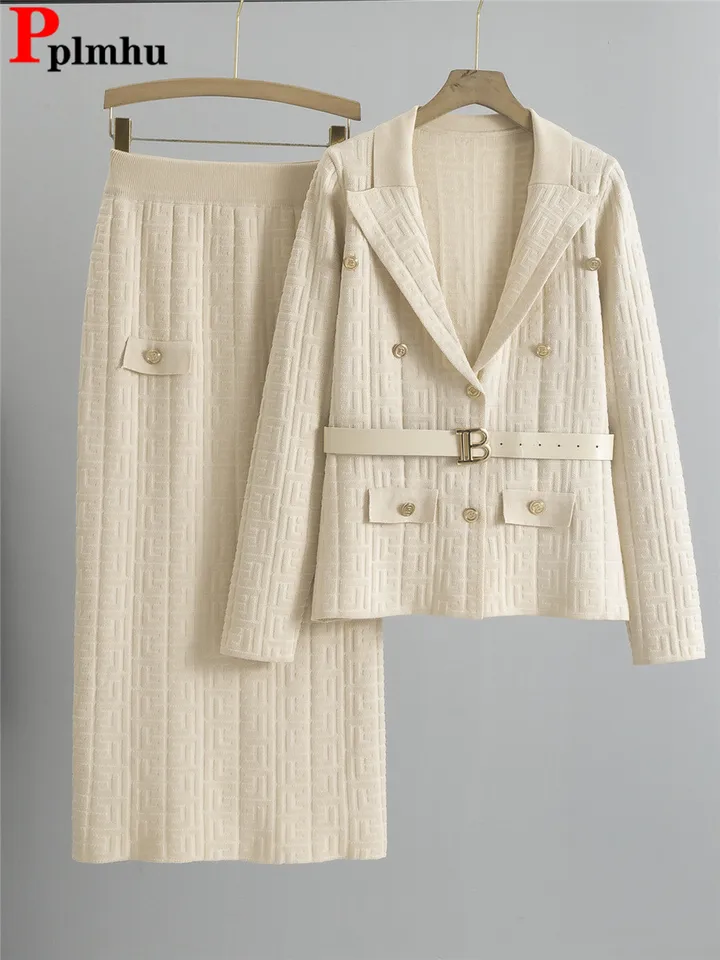 Chic Design Pleted 2 -Peting Sets Ženy single Breast Sweater Mardigan topy s opaskom conjuntos s vysokým pásom sukne outfit
