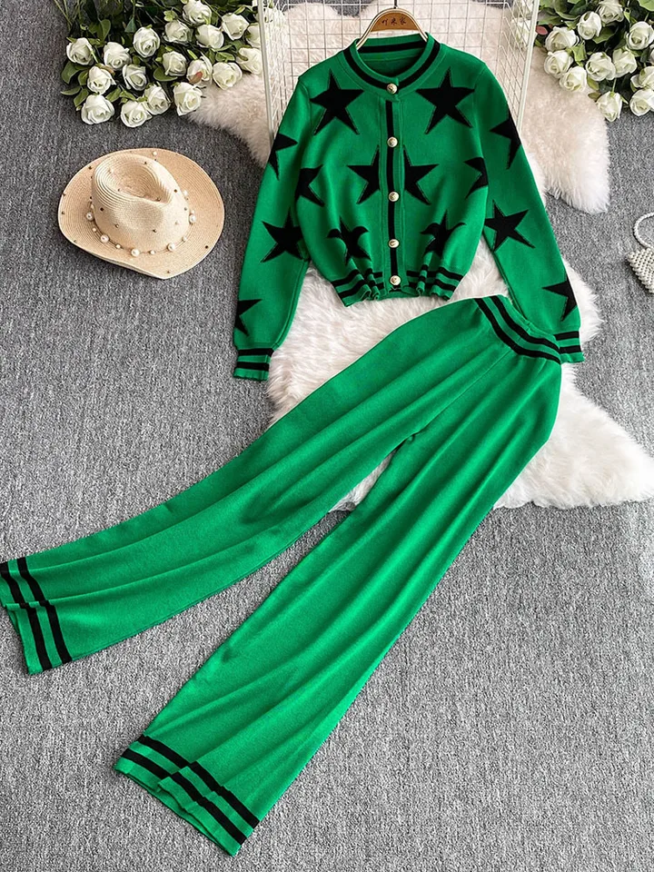 Chic Fashion Korean 2pc Suits Ladies O-Neck Print Star Pletat Citting Cardigan+Vysoký pás so širokými nohami