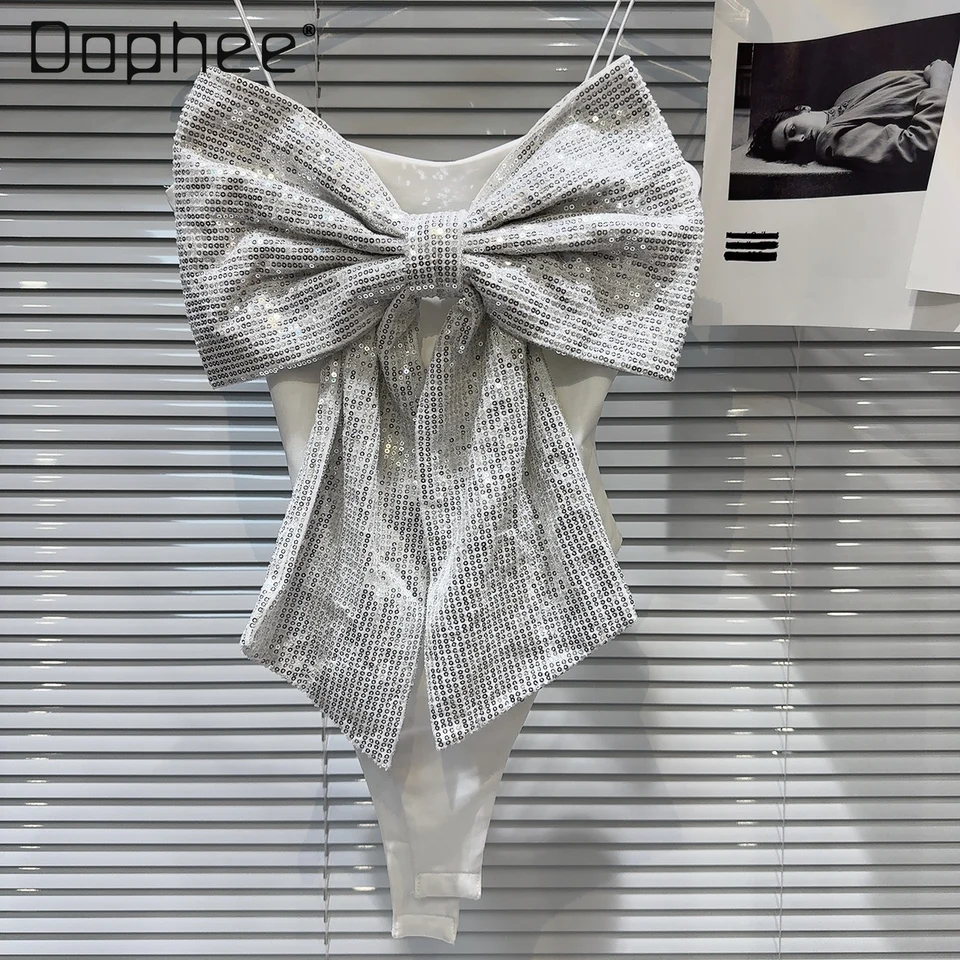 Chic Hot Girl Flowined Big Bow Tanks Sling Top Ladies 2024 Summer Nové sladké sexy strieborné jednodielne spodné nohavice pre ženy