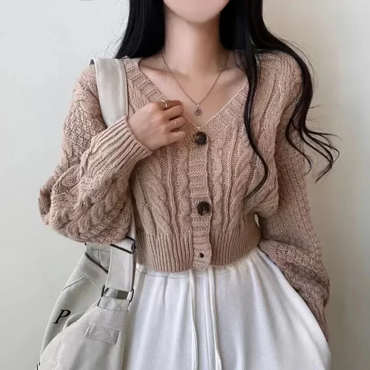 Chic Kórejský štýl V-krst pletená kardigan z chudnutia Krátky rukáv Dlhý sveter Vintage Linen Pattern